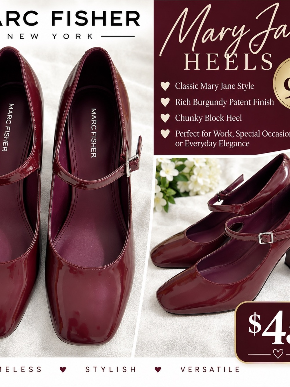 Marc Fisher Burgundy Patent Mary Jane Block Heels